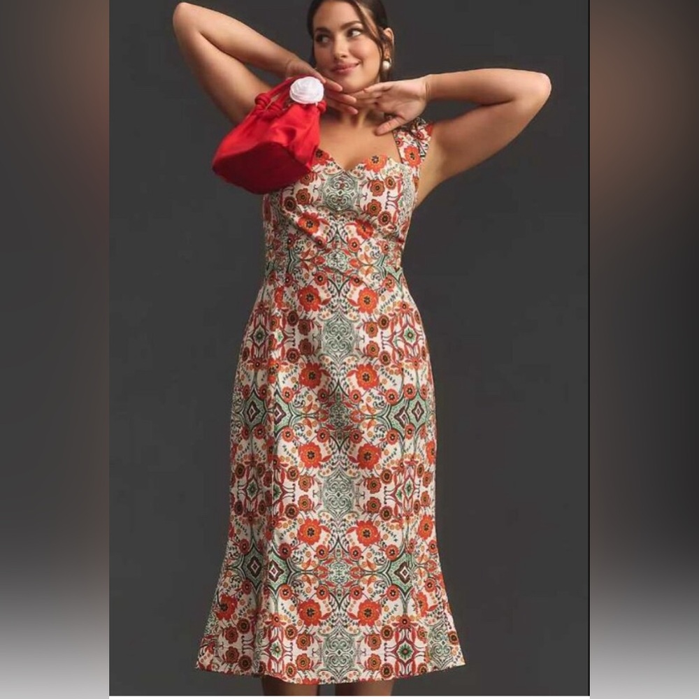 Anthropologie Mosaic Floral Midi Dress in Red, Green, Cream - Picture 2 of 15